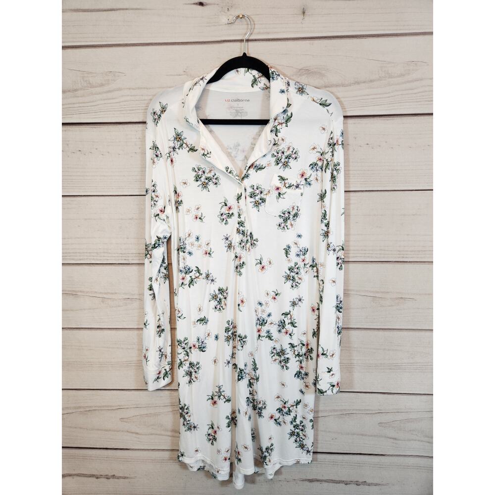 Liz Claiborne Womens White Green Floral Stretch Long Sleeve Nightgown Size Small